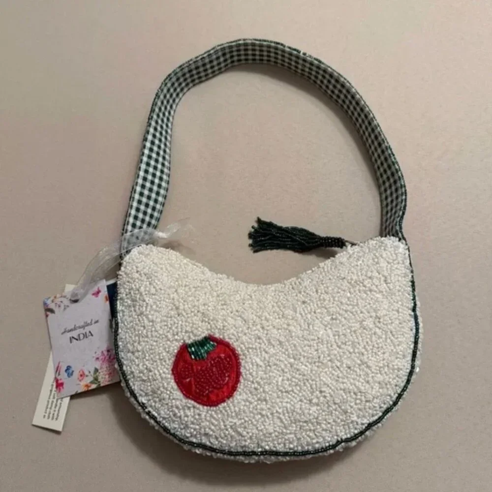 Handcrafted in India Vegetable Beaded Shoulder Bag Gingham Interior Tassel NWT